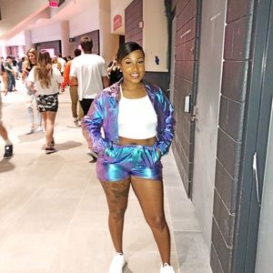 Two piece metallic purple and turquoise set.